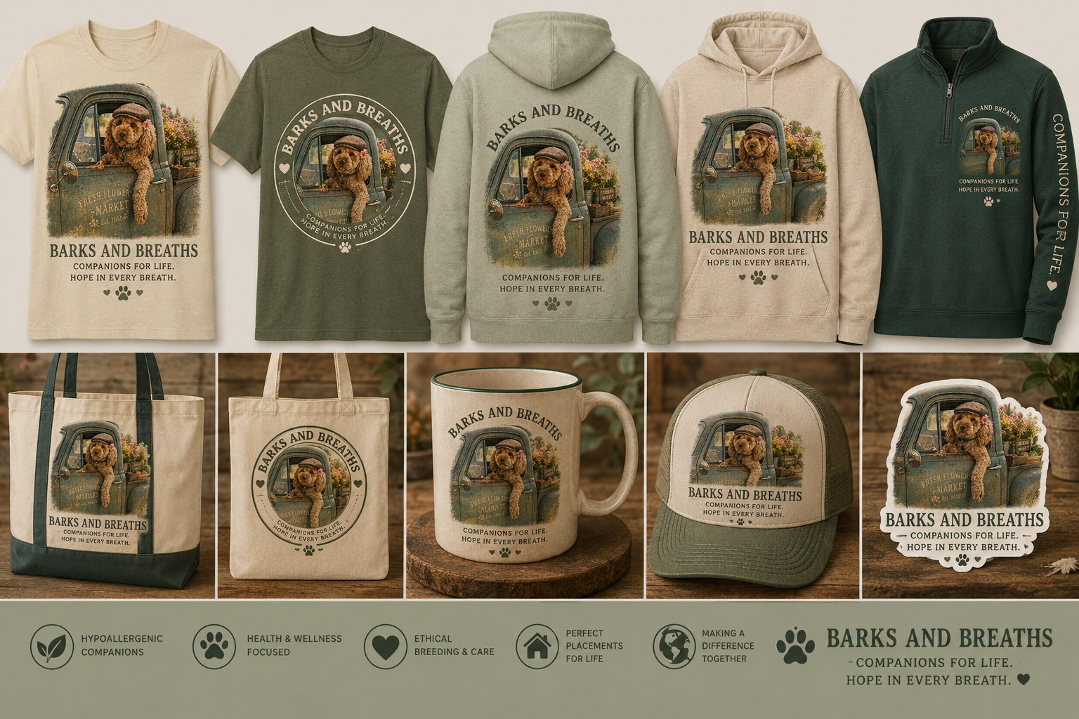 Barks and Breaths Farmhouse Collection merchandise including t-shirts, hoodies, tote bags, mugs, and hats