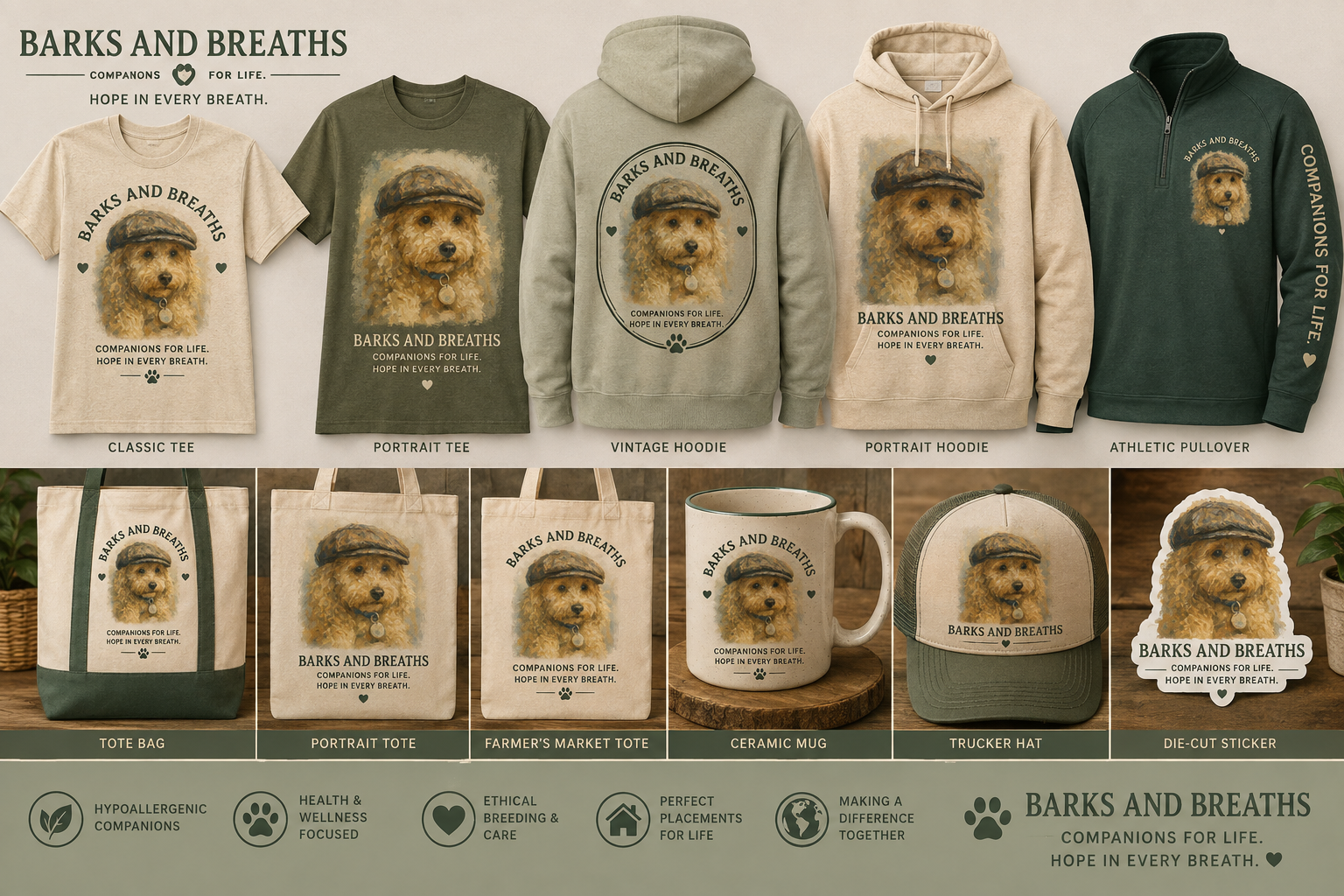 The Webster Collection — Barks and Breaths branded merchandise featuring Webster the Goldie Bichon in a flat cap across apparel, totes, mugs, hats, and stickers